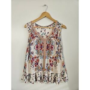 Bila Boho Floral Paisley Tunic Dress XXL Ivory Rayon Handkerchief Hem Hippie